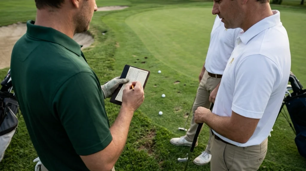 Golf partners compare scores after a hole while playing the Best Ball Format.