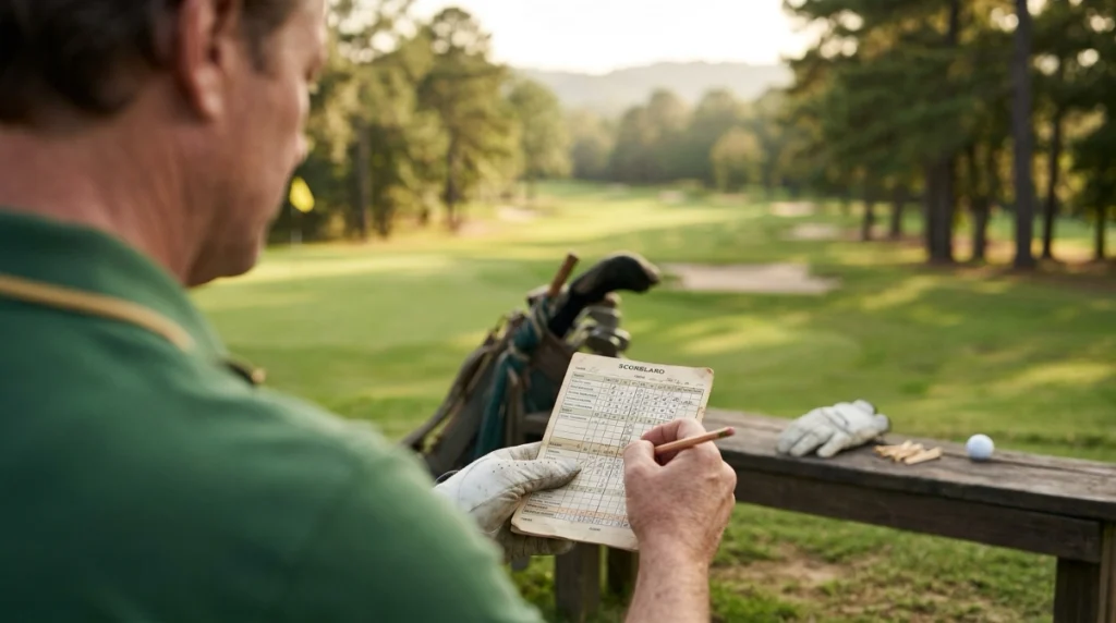 Golfer calculating Stableford scoring on a scorecard beside the next tee