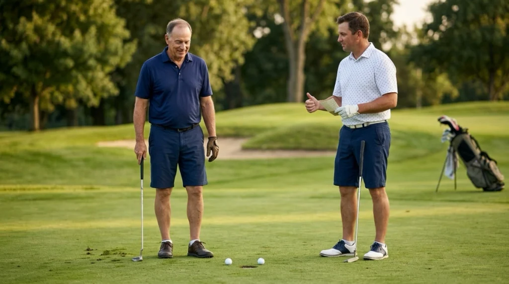 Fourball explained with two partners finishing separate balls on the same putting green