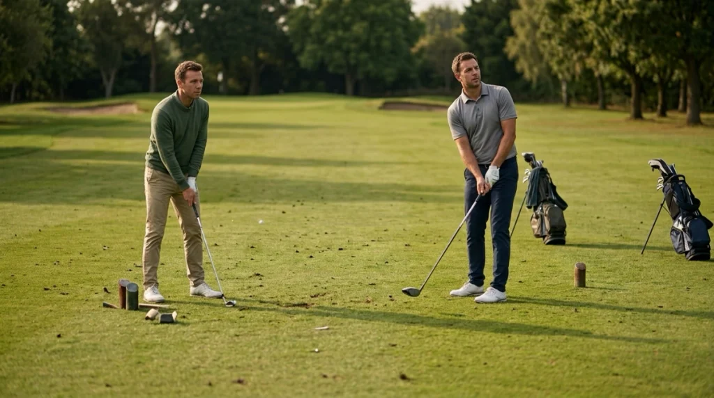 Golf partners demonstrating foursomes alternate-shot order from the tee with one shared ball.