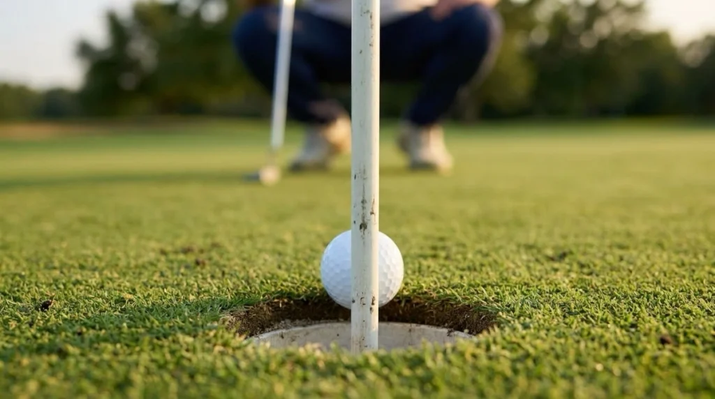 Golf ball resting against flagstick with part of ball inside the hole
