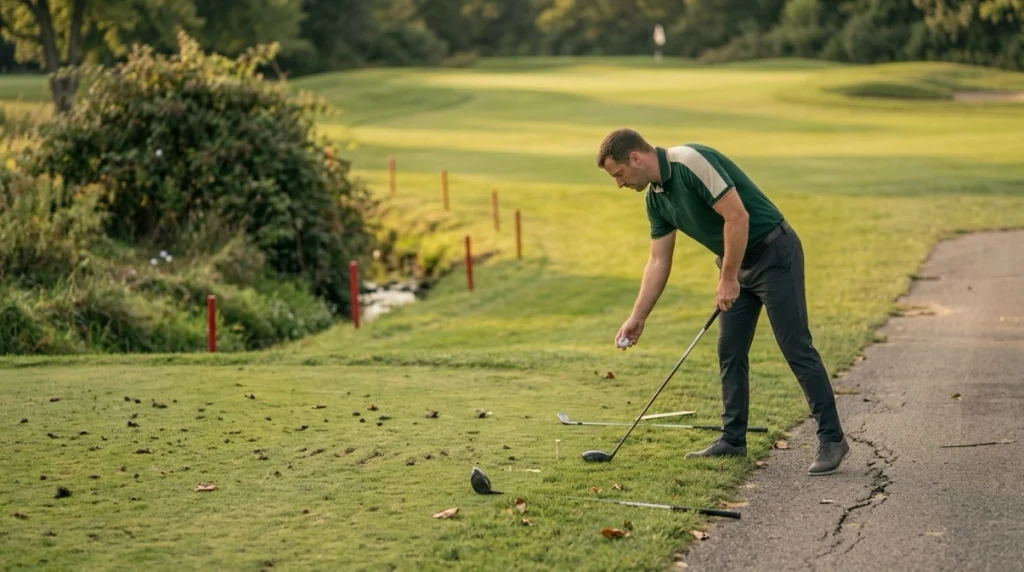 Golfer measuring relief near a cart path with penalty area and rough visible