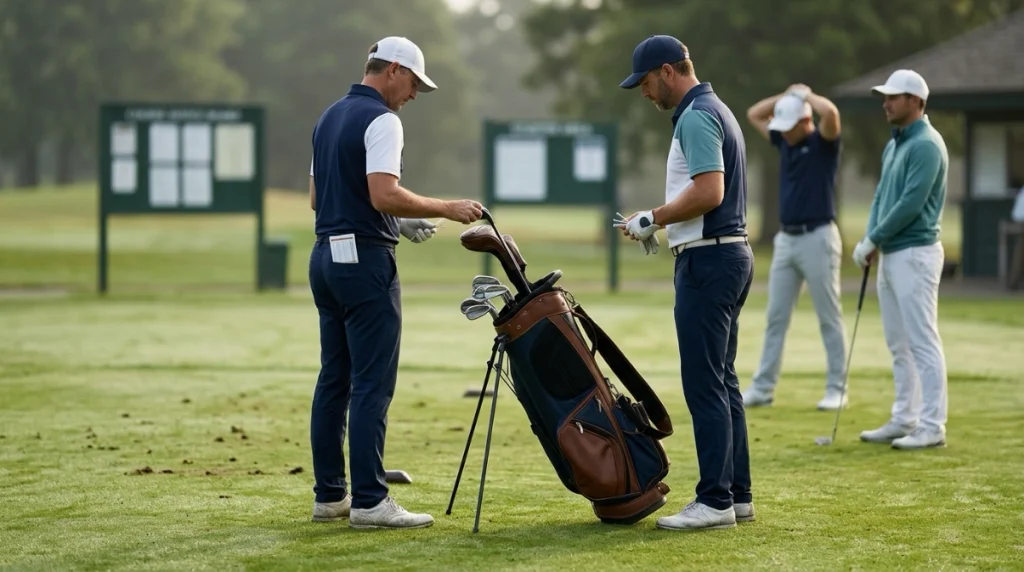 Golfer checking equipment before a round while following stroke play rules and competition procedures.