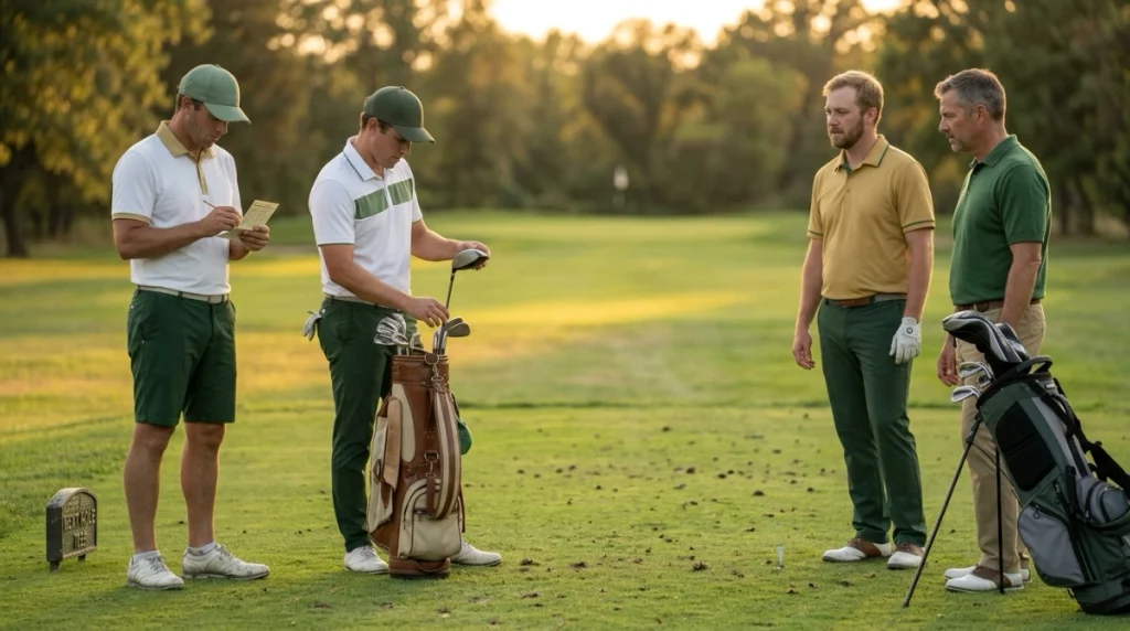 Four golfers illustrating handicap, extra-hole, and team match play rules