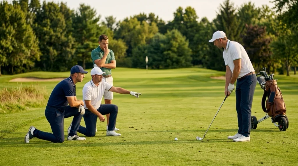 Golfers use Scramble Format strategy by comparing a safe fairway ball with a riskier longer shot