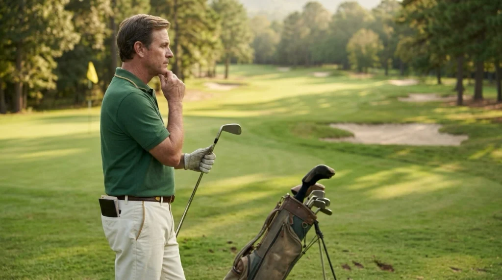 Golfer planning a safe Stableford approach shot while protecting points on the fairway