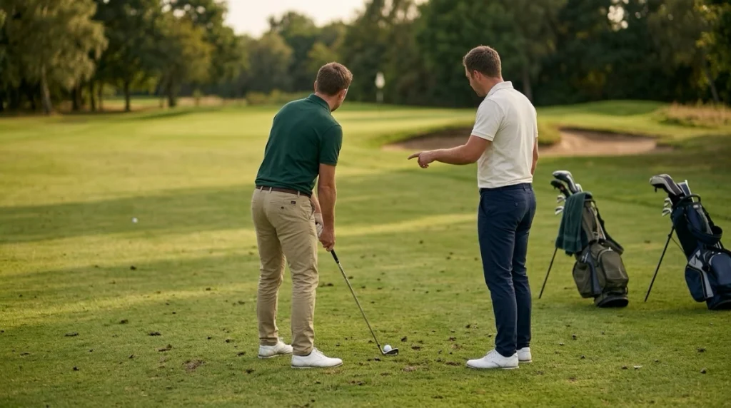 Foursomes partners discussing safe shot strategy beside one shared golf ball on the fairway.
