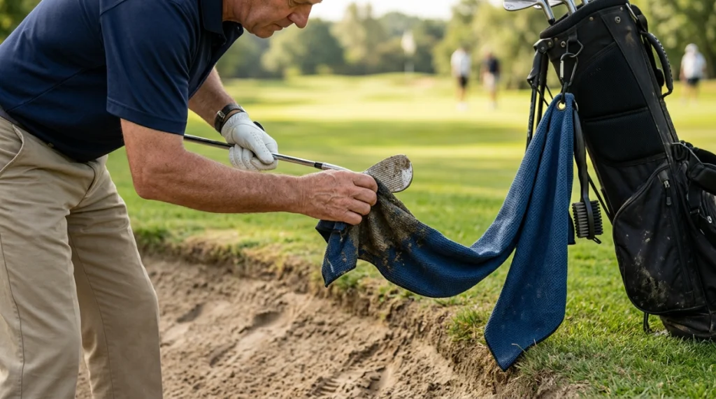 Golfer wiping sand and soil from wedge grooves with a damp golf towel.