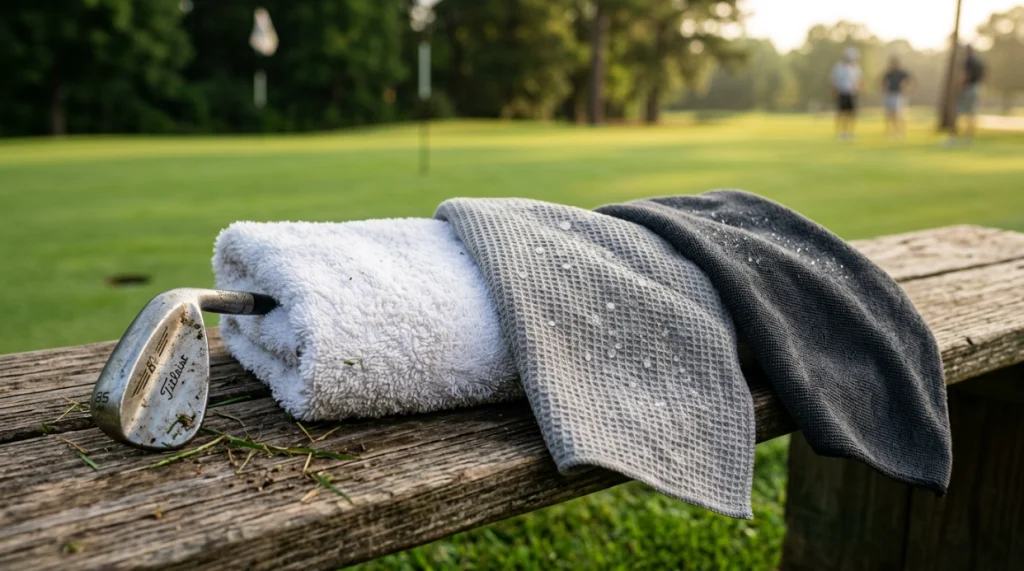 Microfiber, terry cotton, and waffle golf towels compared beside a golf wedge
