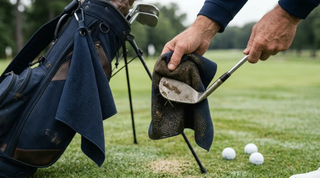 Golfer using a golf towel to clean mud and grass from wedge grooves