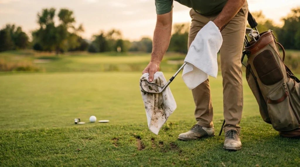 Can you play golf without a towel? Golfer wipes grass and soil from wedge grooves beside the green.