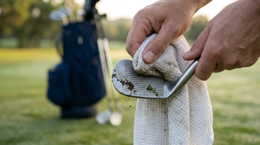 Golfer using a thick golf towel to clean mud and grass from wedge grooves