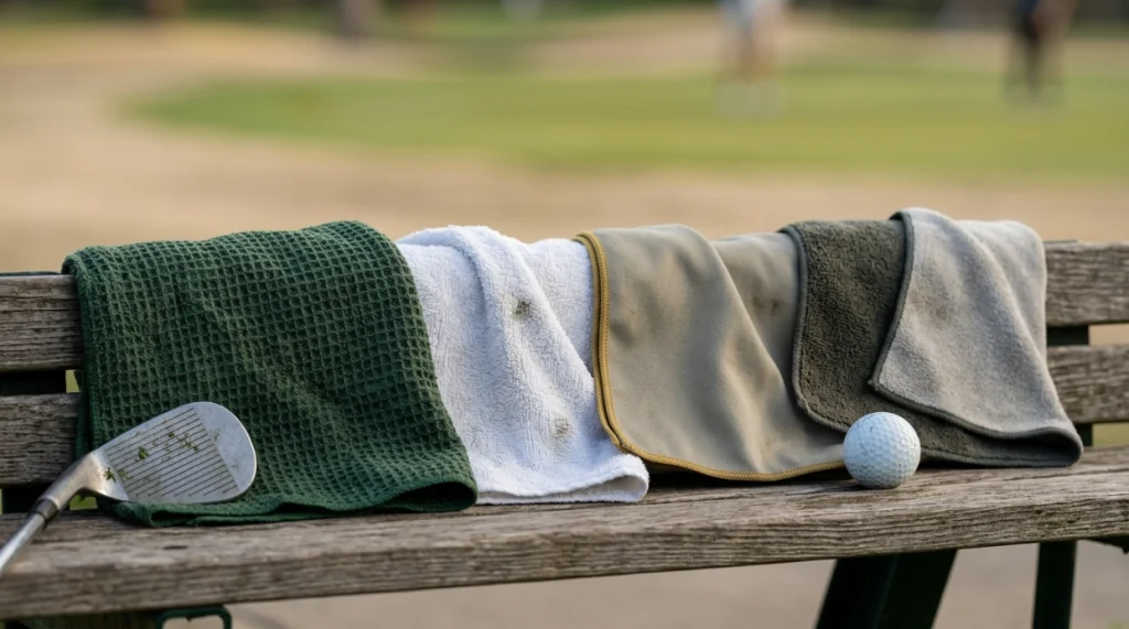 Four common golf towel textures including waffle, terry, microfiber, and dual-sided fabric