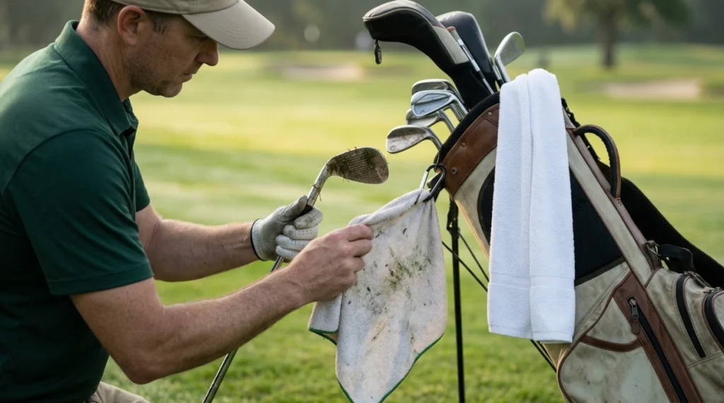Golfer cleaning a muddy wedge with one towel while a second dry towel stays protected.