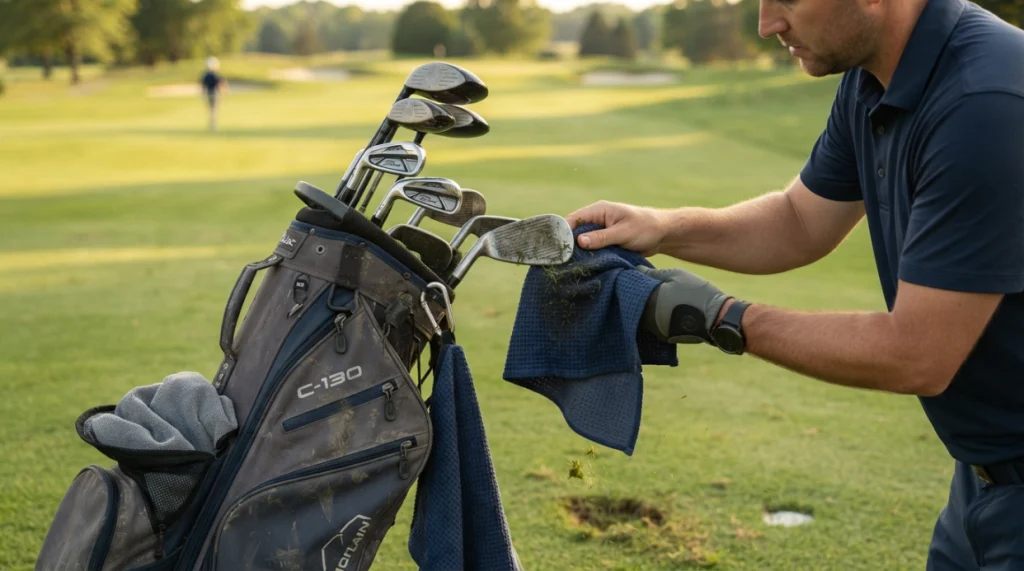 Golf towel clipped to a bag while a golfer cleans an iron during a round.