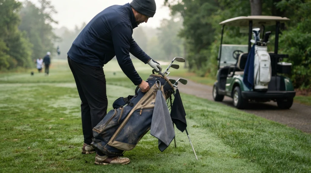 Golfer choosing a compact towel for walking golf with larger cart towel in background
