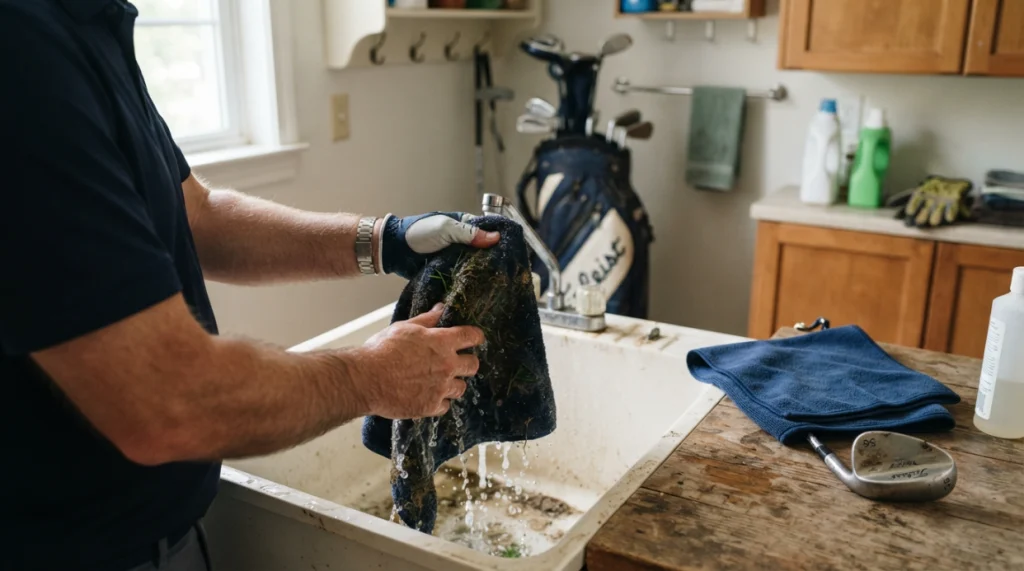 Golfer rinsing and drying a dirty golf towel after a round