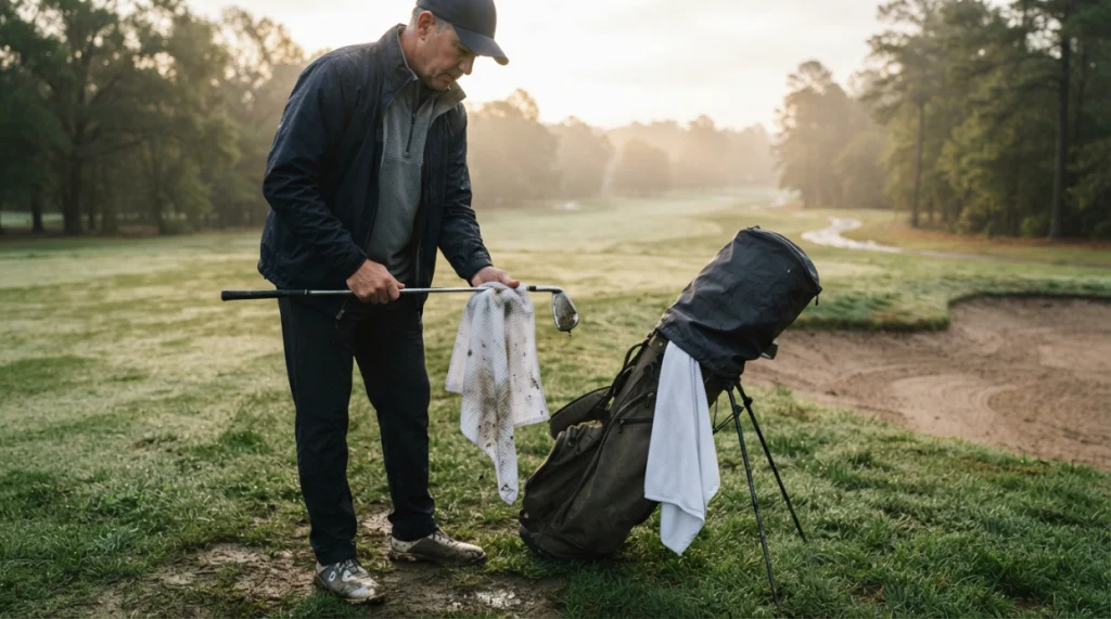 Can you play golf without a towel? Golfer cleans a wet muddy iron during a damp morning round.