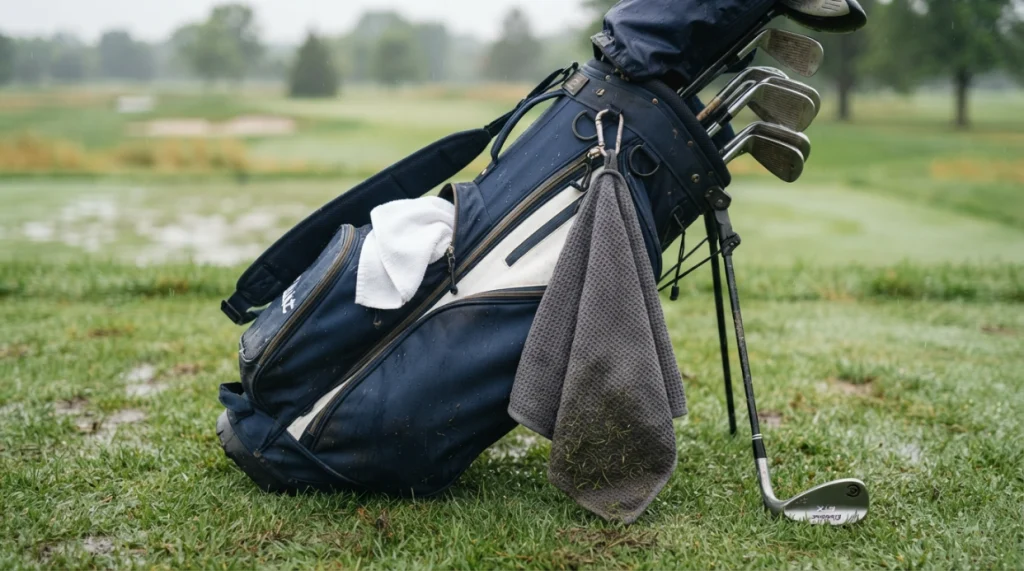 Golf bag carrying one damp club-cleaning towel and a second protected dry towel after rain.