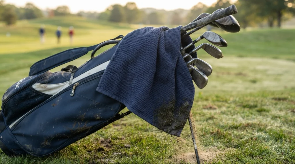 Thick golf towel arranged with damp, clean, and dry areas beside a golf bag