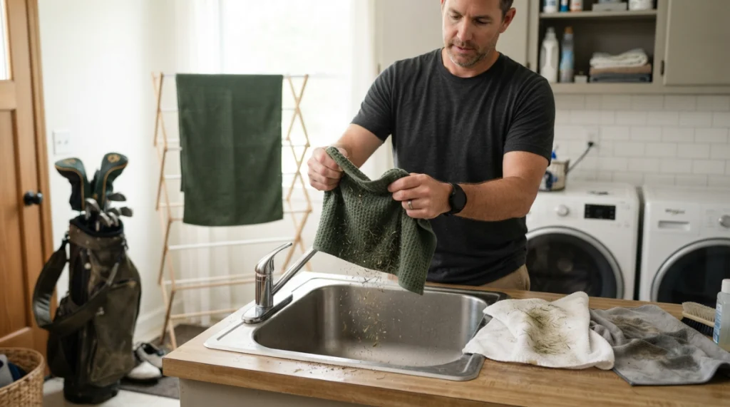 Golfer shaking grit from a golf towel before washing and air-drying it completely