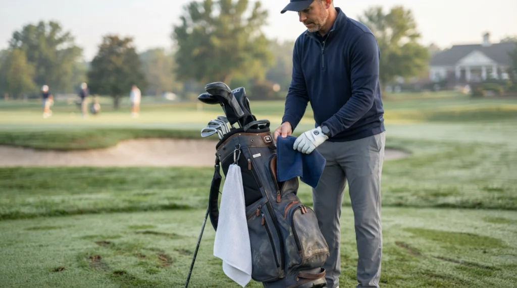 Golfer packing a second golf towel for dew, rain, soft turf, and hot weather.