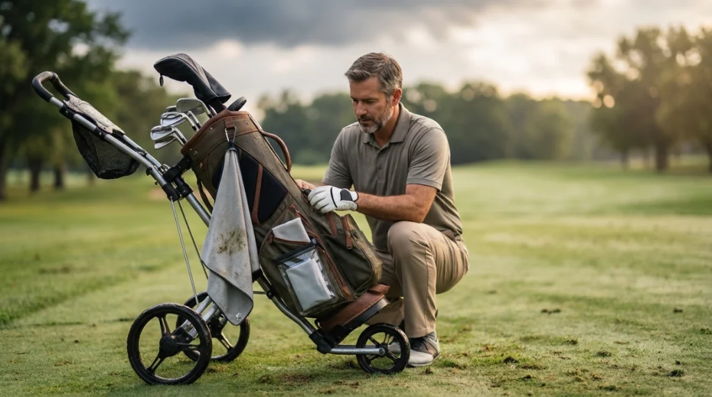 Golf bag showing one used towel, a dry second towel, and a protected spare