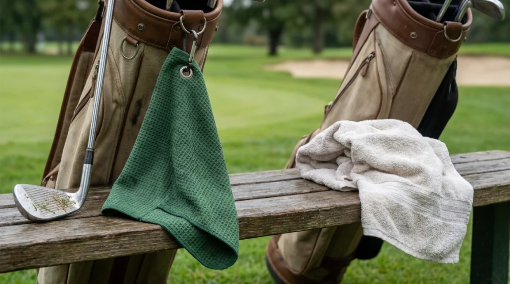 Golf towel with carabiner compared with a regular cotton towel beside a golf bag