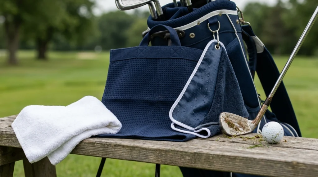 Regular cotton towel compared with microfiber golf towels featuring handles and bag clips.