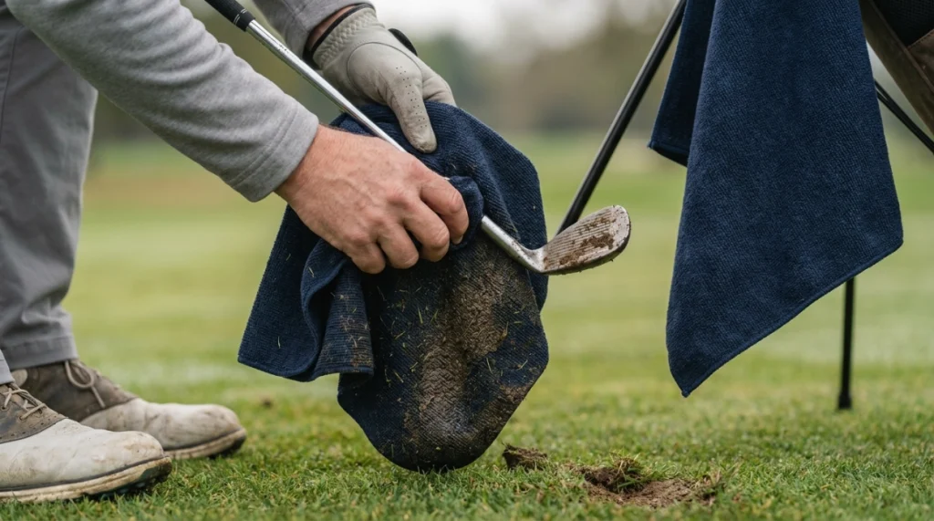 Golfer cleaning a muddy wedge with damp and dry sections of a microfiber golf towel