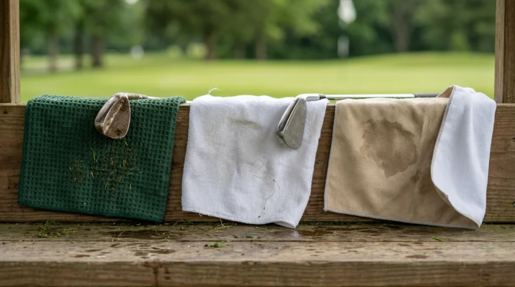 Microfiber, cotton, and wet-dry golf towel materials shown beside a dirty wedge