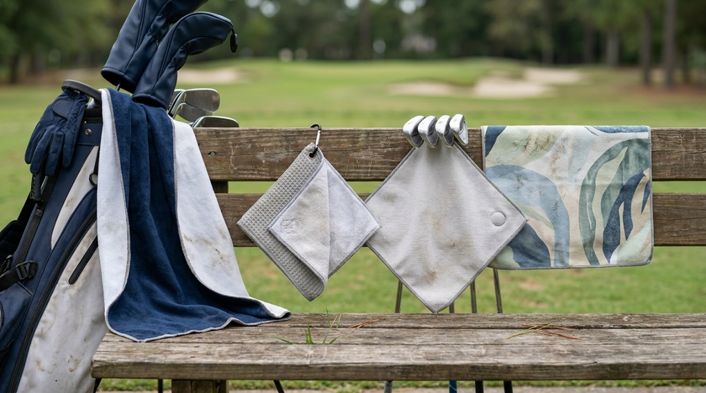 Four golf towel styles showing microfiber, wet-dry layers, magnetic access, and custom design