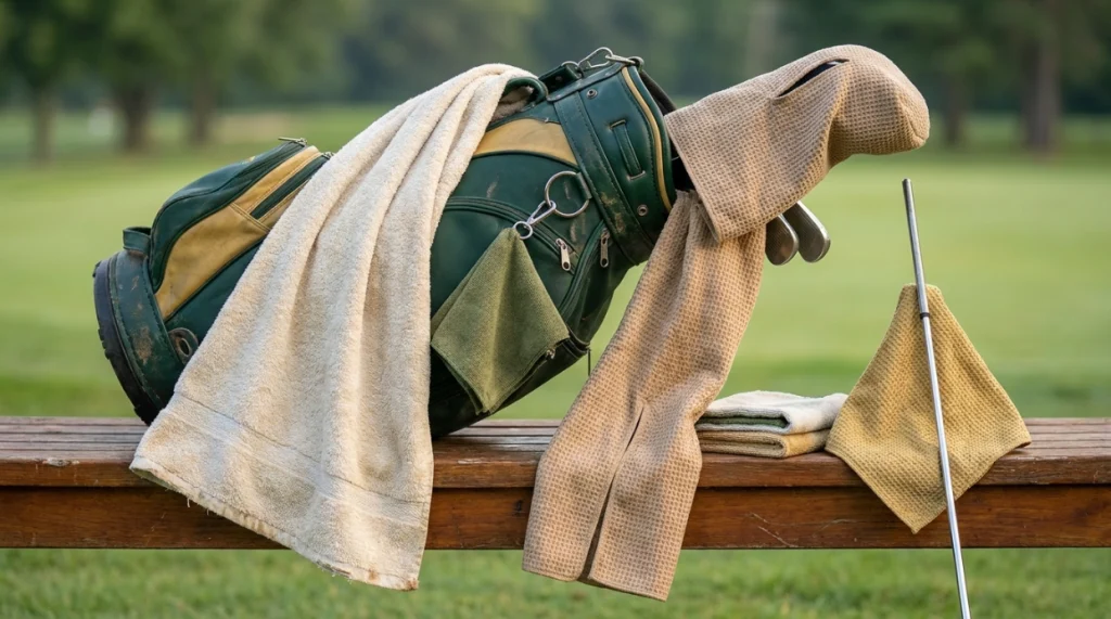 Five golf towel formats showing terry, trifold, center-slit, layered, and magnetic designs.