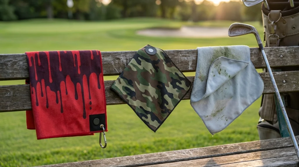 Red graphic, camouflage magnetic, and layered wet-dry golf towels arranged beside a golf green
