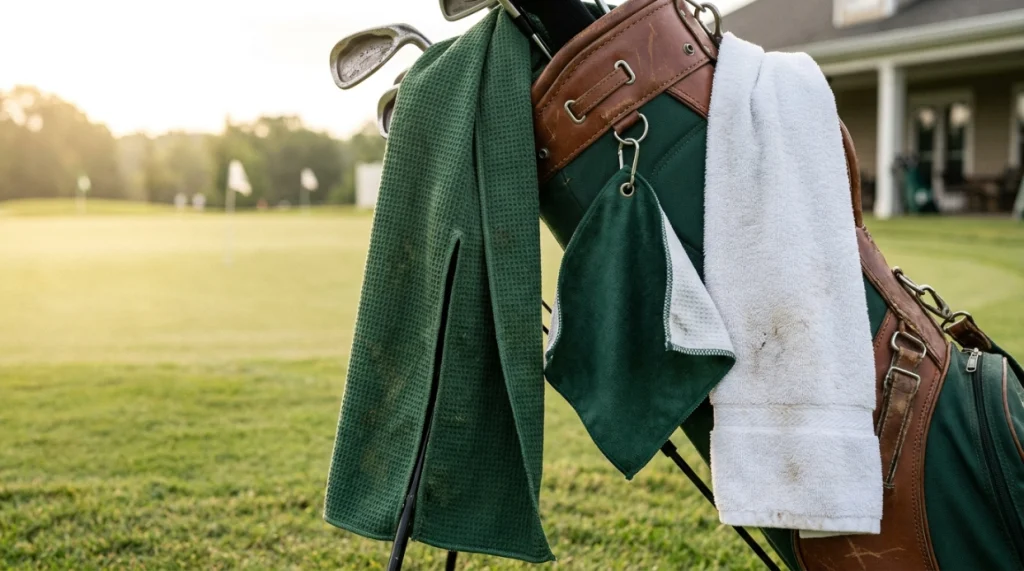 Three golf towel styles showing microfiber, layered waterproof, and terry constructions