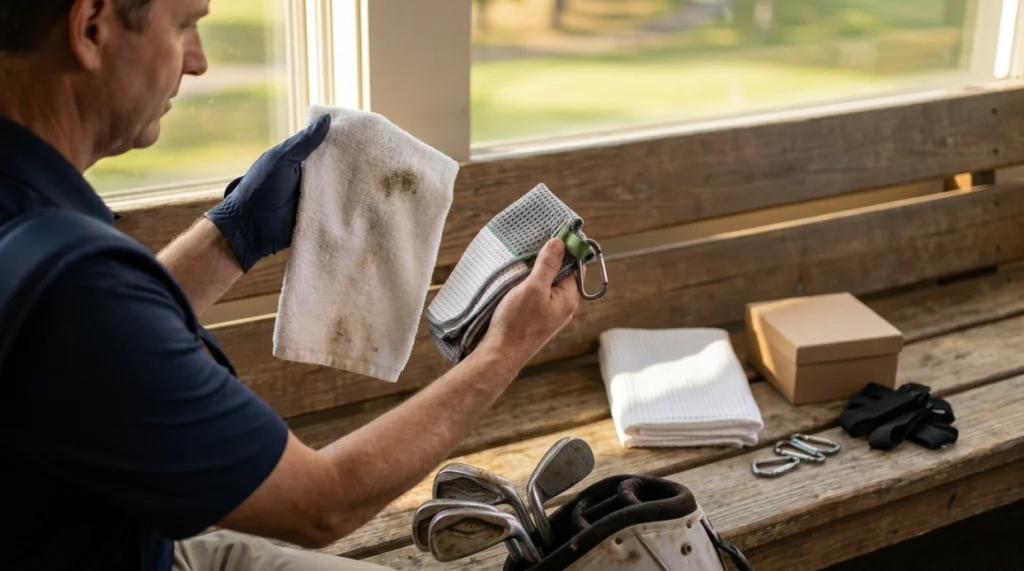 Golfer compares simple and premium towels based on useful construction and attachment features