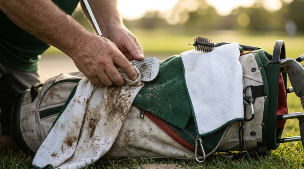 Golfer wiping an iron with a damp towel while keeping a clean section dry for hands