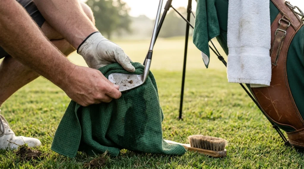 Golfer cleaning an iron with damp towel fabric before drying the club