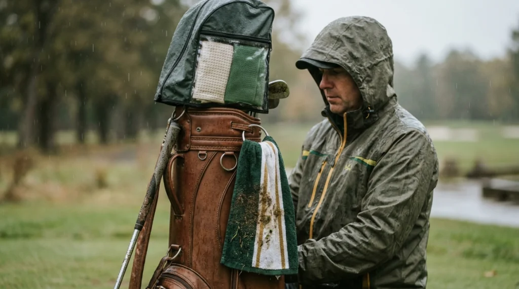 Rainy golf setup with a wet working towel and protected dry backup towels in a bag.