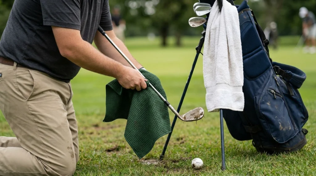 Golfer cleaning a wedge with waffle microfiber beside a soft cotton golf towel