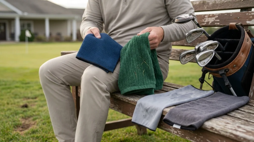 Golfer comparing waffle microfiber, cotton terry, polyester, and blended golf towels