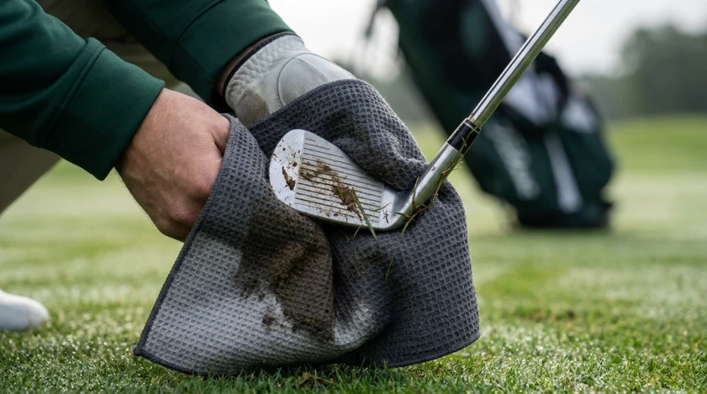 Textured microfiber golf towel wiping mud and grass from the grooves of an iron
