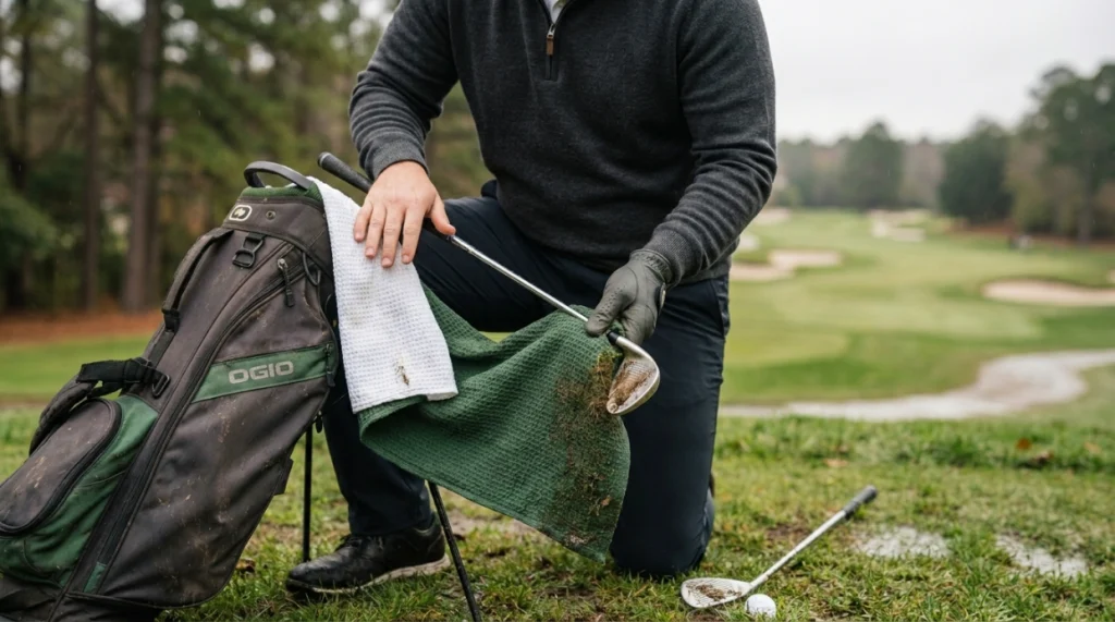 Golfer wiping grass and soil from a wedge with a textured waffle golf towel