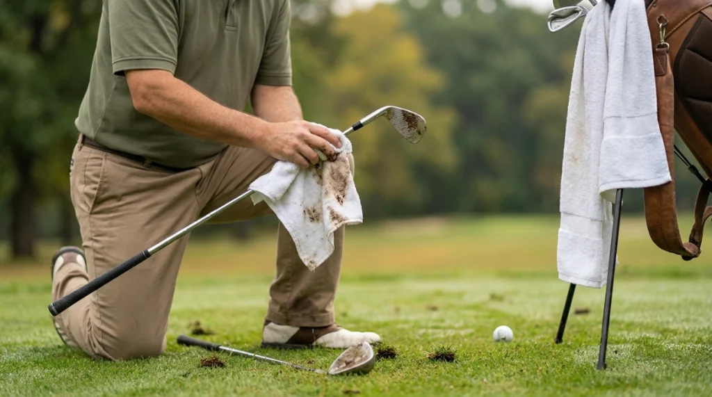 Golfer cleaning a muddy iron with a cotton golf towel while keeping one section dry