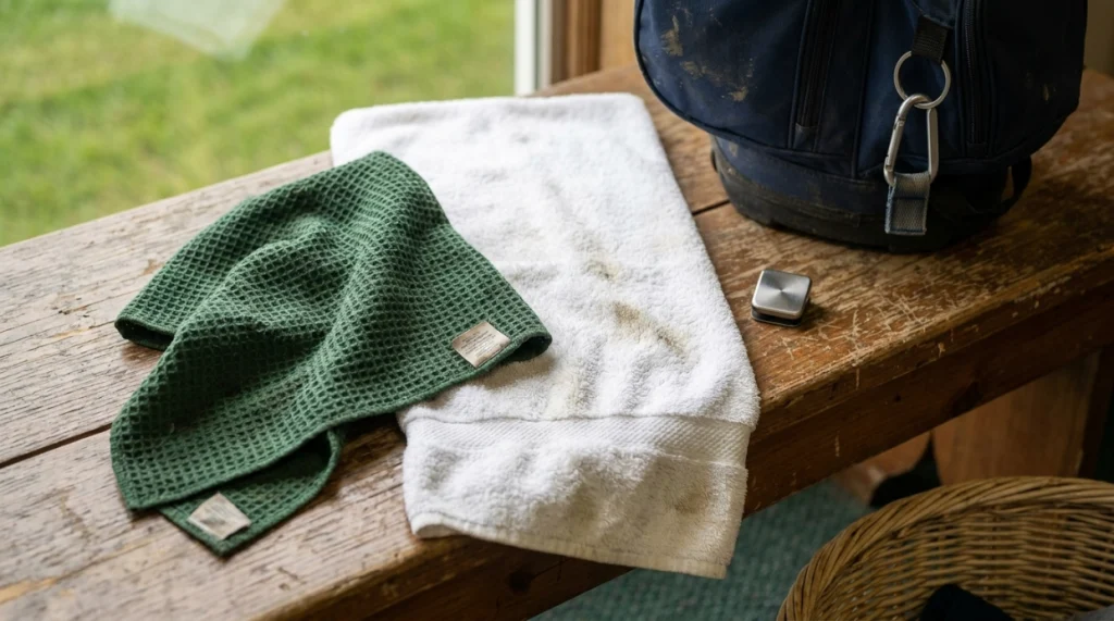 Create a candid photorealistic post-round equipment-care scene in an open home garage or mudroom, showing an adult golfer removing a used white cotton golf towel from a golf bag instead of leaving it sealed inside. The towel should show realistic separate working areas: one visibly damp and lightly muddy section from clubheads, a middle area with lighter grass marks, and a cleaner dry section. Show the golfer shaking loose grass and dried soil from the towel near the open doorway while a clean cotton towel hangs fully open nearby to dry before storage. Include a simple laundry basket and detergent container in the softly blurred background without visible branding or readable text, along with natural golf-bag wear, cotton terry loops, stitched edges, small stains, loose grass, sand particles, concrete texture, and ordinary household imperfections. Use forest green, warm white, and muted gold accents throughout. Natural window and doorway side light, over-the-shoulder camera angle, shallow depth of field, soft bokeh, lived-in composition, and a calm practical mood. Shot on a professional DSLR camera, 85mm lens, f/1.8 aperture look. NO text overlay, NO captions, NO words inside the image. Avoid: distorted or extra fingers/hands, warped faces, garbled or fake text/letters anywhere in the image, watermarks, logos, borders, plastic-looking skin, over-smoothed AI texture, generic stock-photo clichés, oversaturated colors, cluttered composition. Image size: widescreen 16:9 ratio, 1920x1080px, high resolution, photorealistic quality.