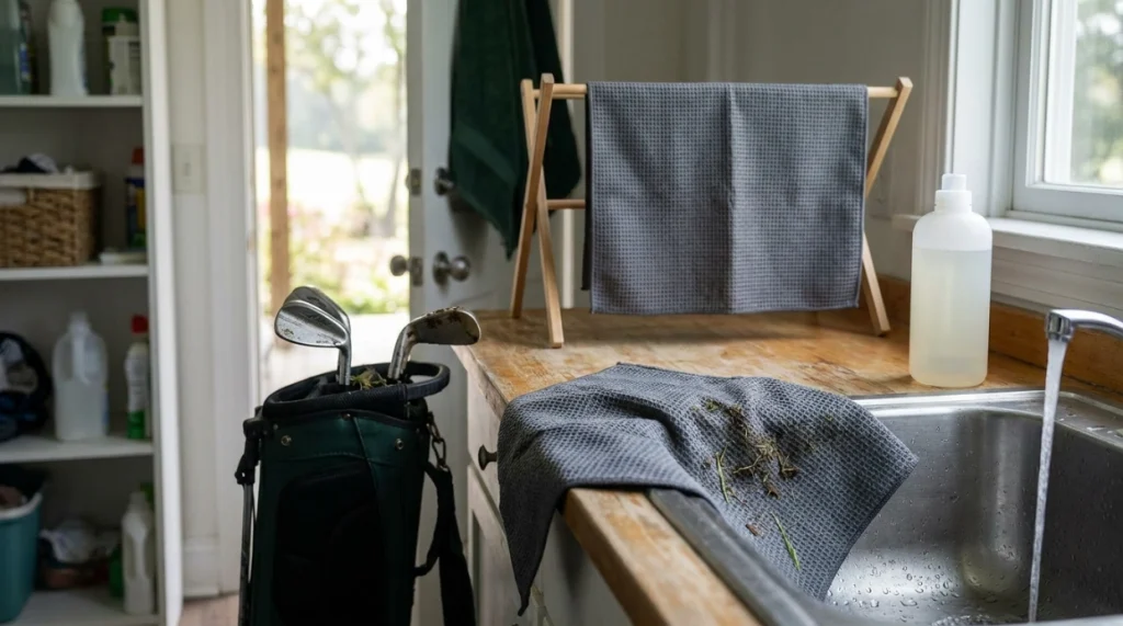 Used microfiber golf towel being rinsed, washed with mild detergent, and air dried