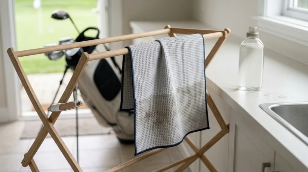 Waffle microfiber golf towel air drying after washing, with dirty and clean sections visible.