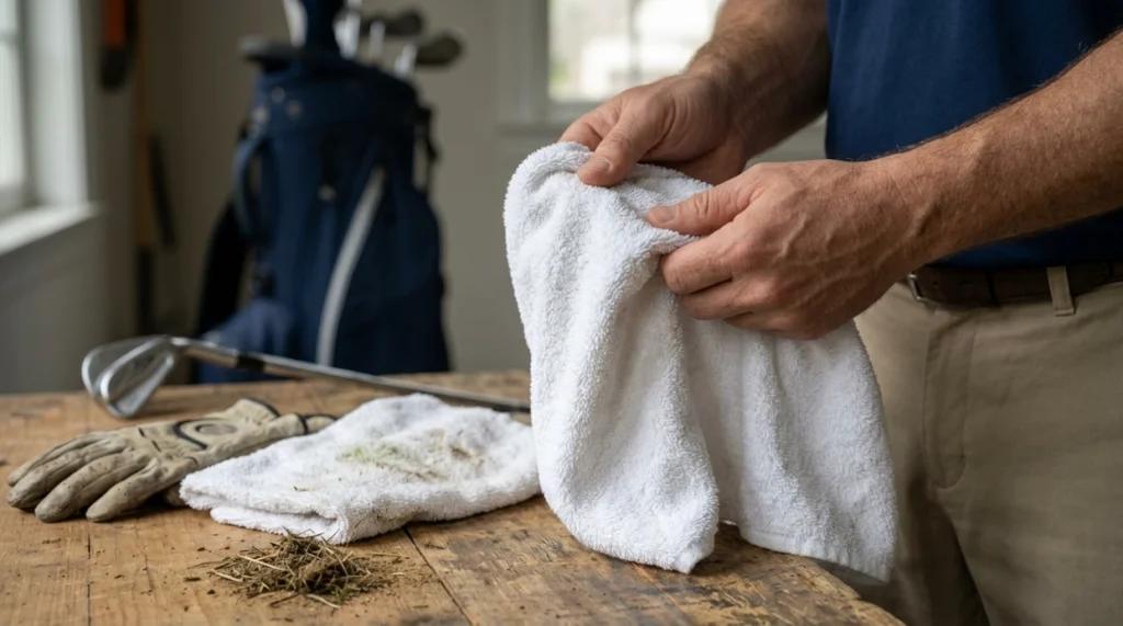 Golfer inspects a clean dry cotton golf towel before returning it to the golf bag.