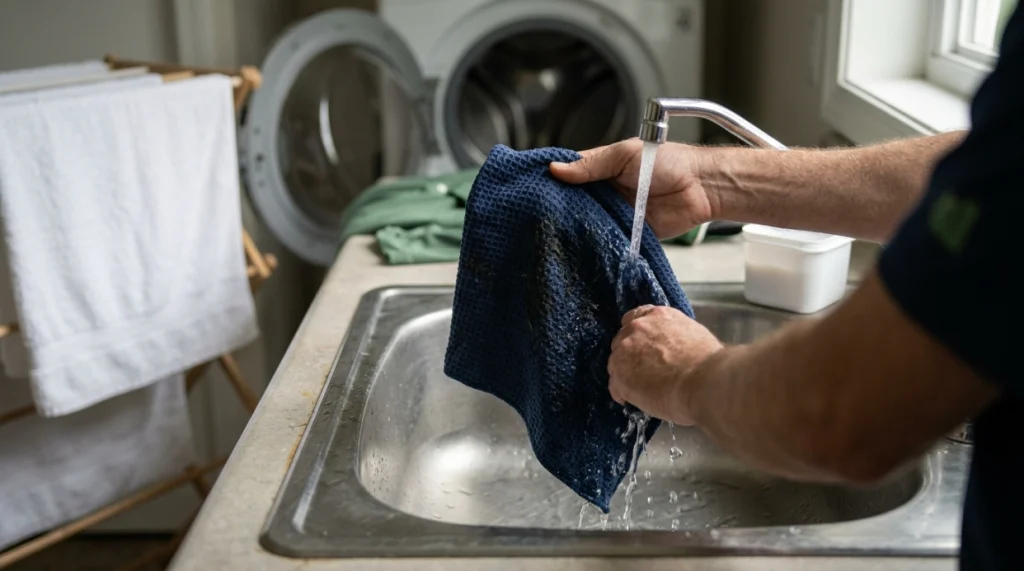 Golfer hangs a partly damp microfiber towel open for airflow after cleaning a wedge