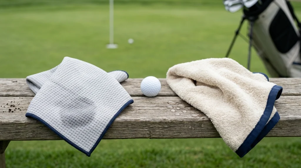 Waffle microfiber and cotton golf towels compared beside a golf ball on a course bench.